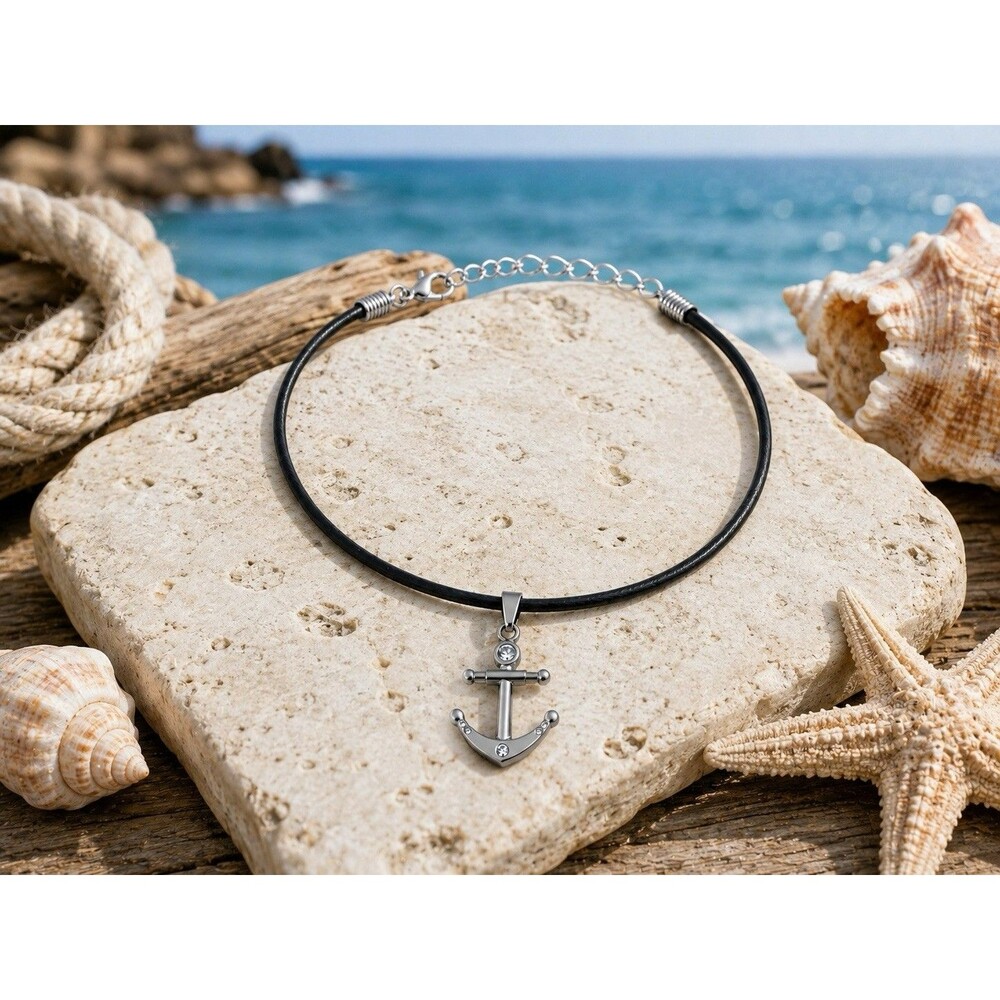 Anchor Pendant Necklace Black Cord Nautical Rhinestone Unisex Stainless Steel